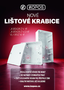 Nové lištové krabice LK 85X28 ZNI HF, LK 85X28 ZNI/2 HF a víčko VLK 85/ZNI HF